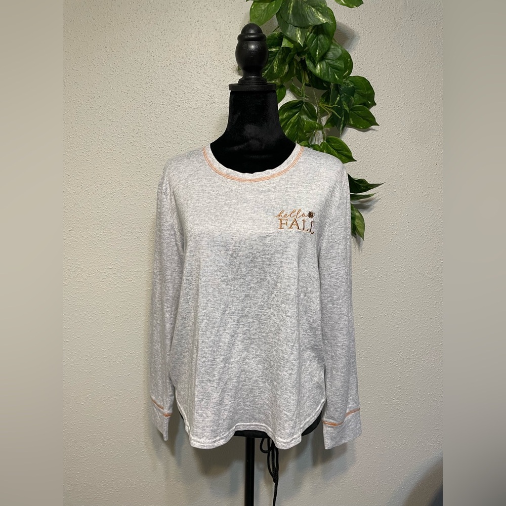 Laura Ashley Gray Top Long sleeve with Orange Embroidery Size L Soft and warm